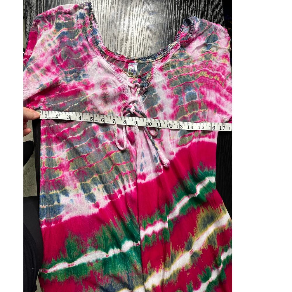 India Boutique Vibrant Boho Tie Dye Bollywood Style Crinkly Gauze Midi Dress - Picture 4 of 7